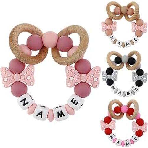 Personalized Baby Teether Ring with Name Custom Silicone Rattle Teething Bracelet with Natural Beech Wood Customizable Toddler Newborn Baby