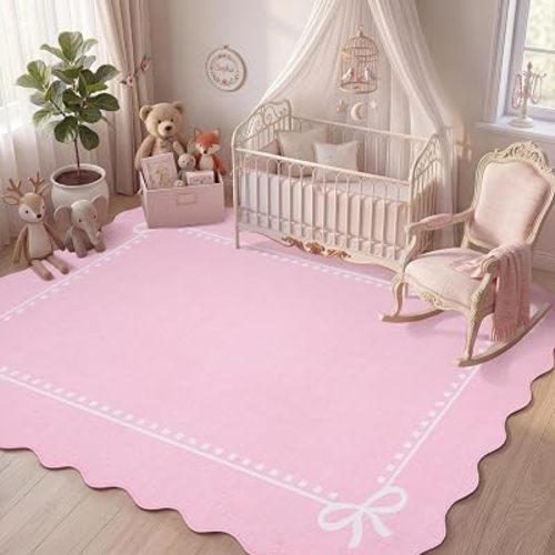 Garvee Scalloped Bow Rug Pink Washable Solid 4x6 Area Rugs for Living Room