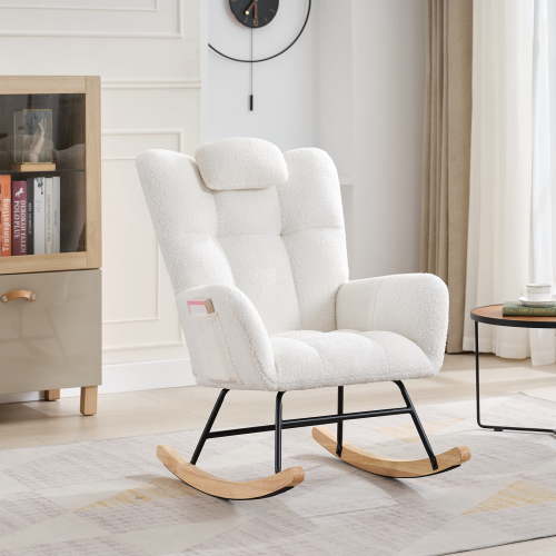 Nursery Rocking Chair, Teddy Upholstered Glider Rocker Rocking Accent Chair, Comfy Side Chair with High Backrest & Side Storage Bag for Living Room Bedroom Offices
