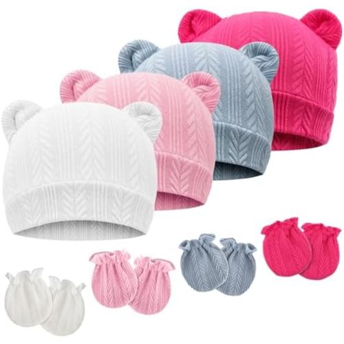 Newborn Baby Hat and Mittens Set Bear Ears Toddler Infant Beanie Caps Newborn Hospital Hat for Baby Boy Girl 0-3 Months