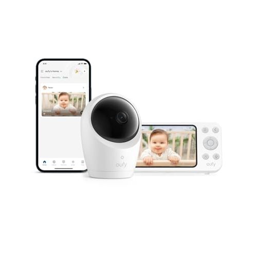 eufy Security Baby Monitor E20 with 2K HD Camera, 5'' 720p Display, Hybrid Wi-Fi & No Wi-Fi Connection, Pan-Tilt, 4X Zoom, Portable Camera with Built-in Battery, 24/7 Recording in App, ANR