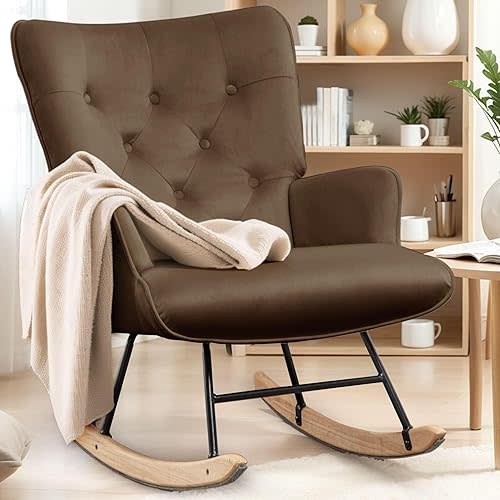 Rocking Chair for Nursery, Comfy Velvet Fabric Glider Rocker, Reading Chair with Support Seating and Side Pockets, Rocking Recliner Chair for Living Room, Bedroom, Balcony, Mocha Brown