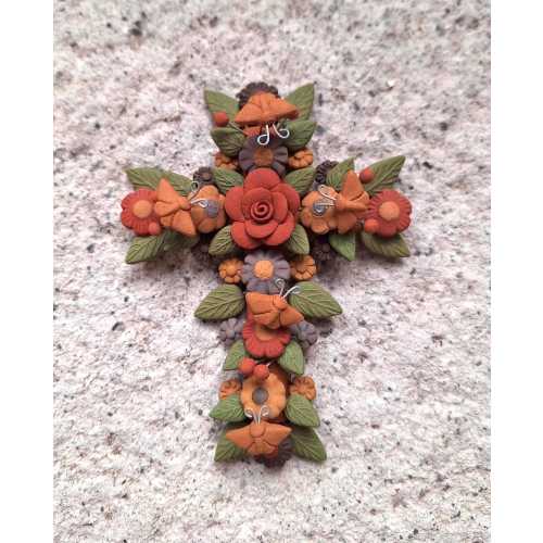Handmade Polychrome Clay Cross: Mexican Folk Art Religious Decor