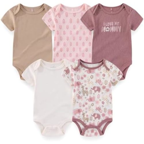 Newborn Baby Unisex Cotton One-Piece Bodysuits 5-Pack Short Sleeve Soft Baby Gift Clothes for Boys Girls