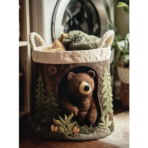 Forest Bear Quilted Laundry Basket Rustic Forest Home Decor Bear Lover Gift