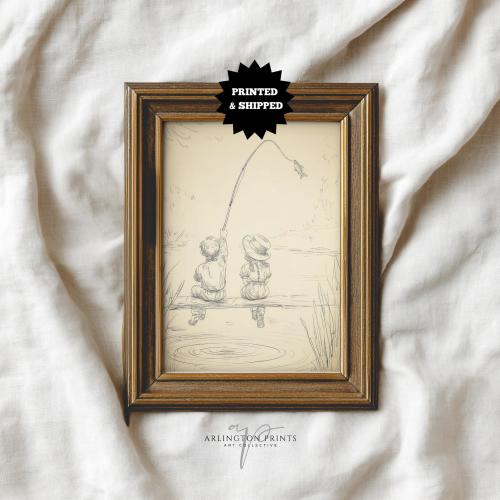 Vintage Style Boy and Girl Fishing, Nursery Sketch Art, UNFRAMED Neutral Kids Room Wall Decor, Printed Sketch Art 06-20