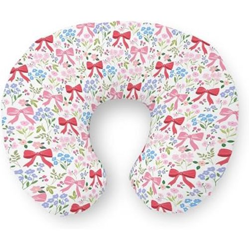 Preppy Pastel Floral Bows Nursing Pillow Covers Pink Girly Floral Bows Soft Stretchy Removable Covers for Breastfeeding Pillows Boho Spring Flowers Leaves Pillow Slipcovers for Baby Girls Newborn