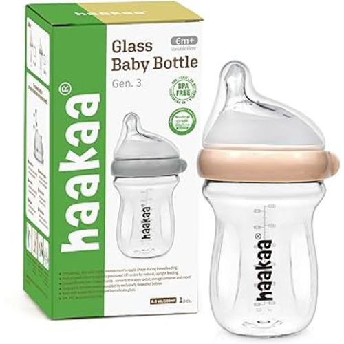 haakaa Gen.3 Natural Glass Baby Bottle Wide Neck Anti-Colic Variable Flow Nipple - Easy to Clean & Latch for 6M+ Breastfed Babies, Newborn Registry Essentials,BPA-Free, 6.3 oz/180 ml, Peach