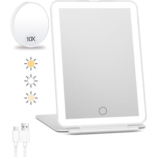 FUNTOUCH Rechargeable Travel Makeup Mirror with Lights and 10X Magnifying Mirrors, Portable Lighted Vanity Mirror with 80 Led,2000mAh Battery,3 Color Lighting,Touch Dimming,Tabletop Light up Mirror