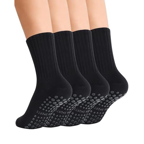 SIONCY Pilates Socks for Women with Non Slip Grippers Yoga Crew Socks for Barre Ballet Dance Workout Hospital 4 Pairs