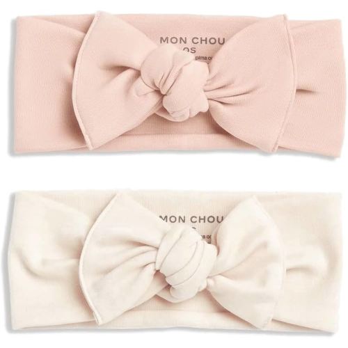 MON CHOU Baby Headbands - Set of 2 Organic Cotton Headbands for Baby Girls - Ultra Soft, 100% Pima Cotton Infant Hair Bows (Ivory & Bloom)