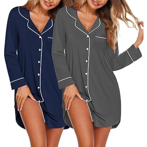 Ekouaer 2 Pack Nightgowns for Women Long Sleeve Night Shirt Button Down Sleep Shirt V-Neck Sleep Dress Pajama Sleepwear