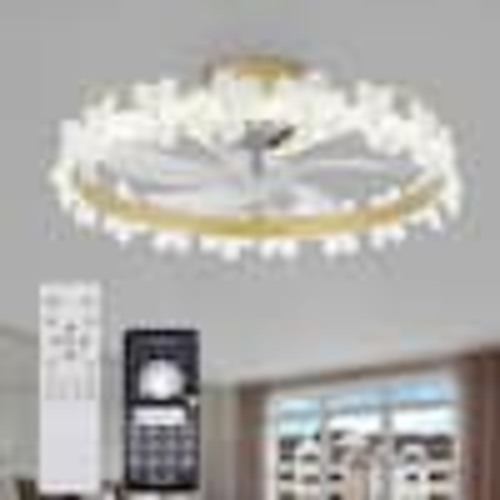 Oaks Aura 21in.LED Bladeless Smart App Remote Control Low Profile Daisy Crystal Ceiling Fan Flush Mount Dimmable Lighting DC2202