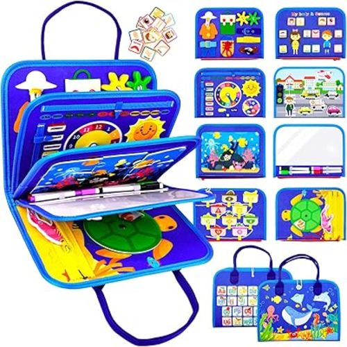 Busy Board, Ocean Toddler Busy Book Montessori Toys for 1 2 3 4 Year Old, Sensory Board Learning Activities Fine Motor Skills, Christmas Birthday Gifts for Girls Boys, Travel Toys for Airplane Car