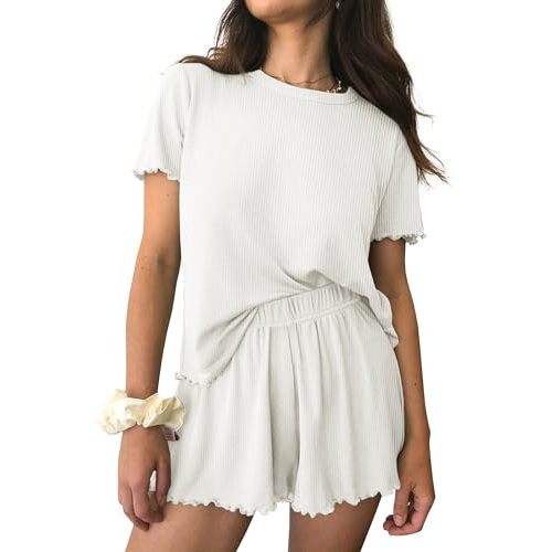 Ekouaer Womens Pajamas 2 Piece Ribbed Knit Pjs Short Sleeve Sleepwear Set Summer Soft Pajamas Set Casual Lounge Sets