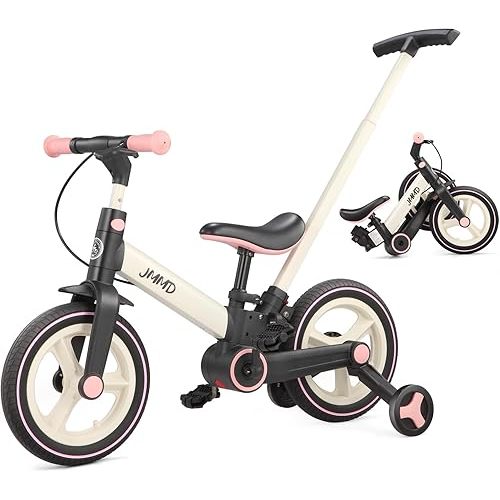 JMMD 6 in 1 Toddler Bike with Push Handle for Kids 18-60 Months, 12" Foldable Balance Bike with Training Wheels, Pedals, Brakes, Kickstand, Push Tricycle Toddler Gift & Toys for Boy & Girl