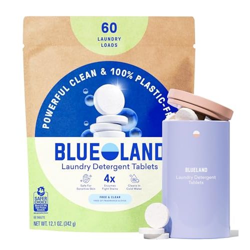 BLUELAND 100% Plastic-Free Laundry Detergent Tablets Set, Free & Clear | Lifts Tough Stains and Odors, Safe for Sensitive Skin, Eco-Friendly Alternative to Pods, Sheets & Liquid, Septic Safe
