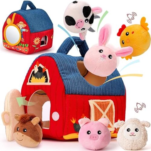 hahaland Montessori Baby Toys 6-12 Months - Surprise Barn with Stuffed Farm Animals Toys for Babies with Rattle & Mirror, Sensory Toys for Babies Boy Girl, Travel Toys for Toddlers 1-3