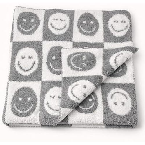 L+L USA Checkered Smiley Face Baby Blanket 28"x40" - DreamSoft Knit Throw for Crib, Stroller or Car Seat Blanket/Newborn Nursery Gift Essential for Toddler, Infant, Kids, Boys & Girls (Gray/White)
