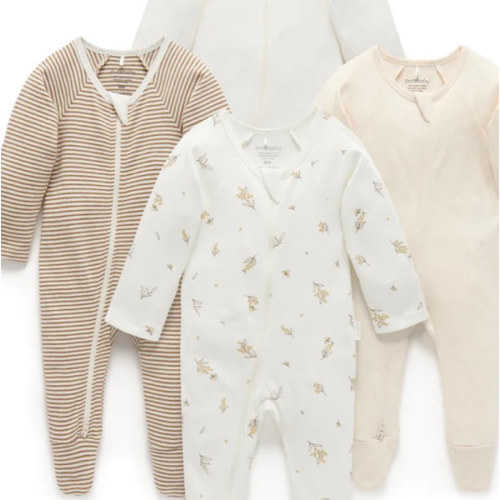 Wattle Bee 4 Pack Zip Growsuit - Pure Baby
