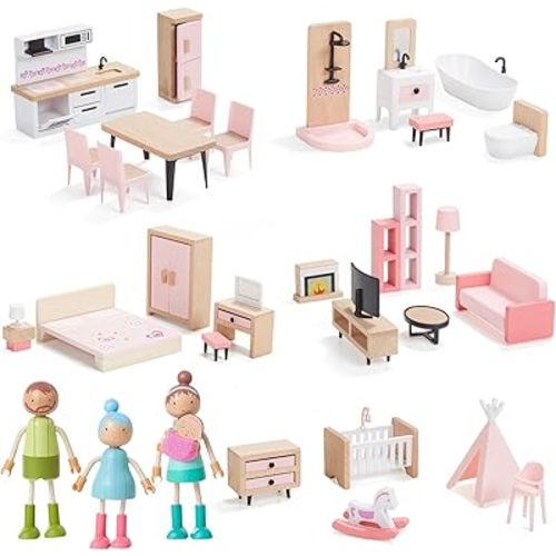 Giant bean 36pcs Wooden Dollhouse Furniture Set with Dolls for 5 Rooms, Wood & Plastic Pink Dollhouse Accessories Pretend Play Furniture Toy Christmas Birthday Gift Toy for Kids Boys Girls Toddler 3+