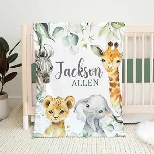 Personalized Safari Animal Baby Blanket with Name for Boys, Jungle Animal Baby Boy Blanket