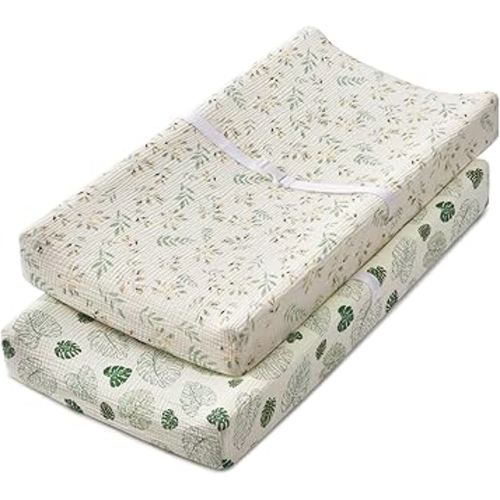 Blissful Diary Muslin Changing Pad Cover for Girls Boys, Ultra Soft Breathable Cotton, Baby Diaper Change Table Pad Covers, 2Pack (Leaf & Monstera Leaves)