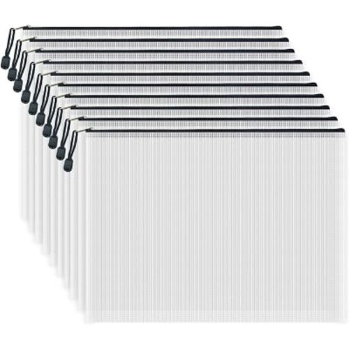 10 Pcs Zipper File Bags, Waterproof Plastic Mesh Pouch for Office School, Board Game Storage Bags (B4 Size 15''x11'', White and Black)