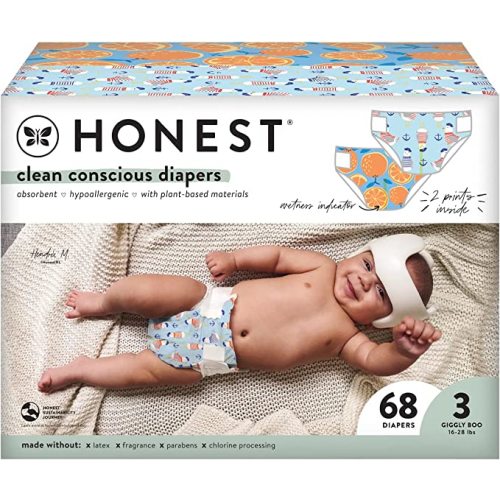 The Honest Company Clean Conscious Diapers | Plant-Based, Sustainable | Orange You Cute + Feeling Nauti| Club Box, Size 3 (16-28 lbs), 68 Count