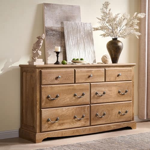 T4TREAM 54" Wide 7 Drawers Dresser Chests,Vintage Chests of Drawers, Wood Rustic Storage Dressers Organizer for Bedroom, Living Room, Hallway, Light Knotty Oak