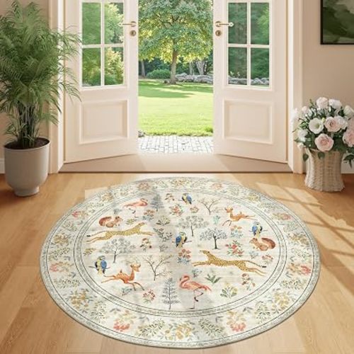 DUKINO 4ft Round Rug, Washable Round Area Rug, Non Slip Indoor Low Pile Animal Design, Soft Small Vintage Circle Carpet for Bedroom, Entryway, Living Room, Dining Room, Beige