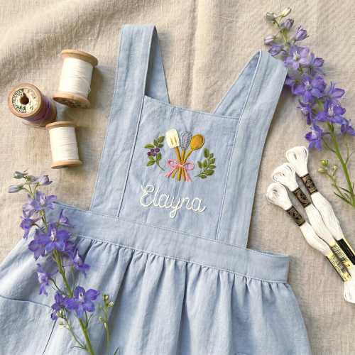 Hand-Embroidered Personalized Kids/Family Set Apron, Cotton-Linen Blend for Cooking Baking Crafts