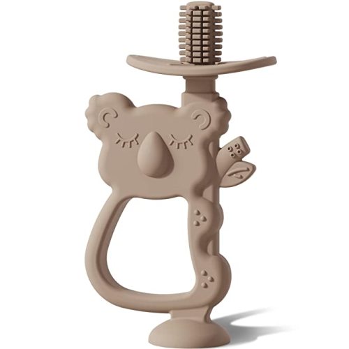 Moonkie Teething Toy, Safe & Easy to Hold BPA Free Silicone Teethers, 360° Baby Toothbrush with Suction Base, Teether Toys Best for Babies 6-12 Months (Koala Warm Taupe) - 1 Pack