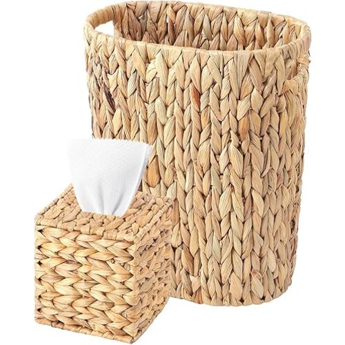 Water Hyacinth Trash Can & Wicker Square Tissue Box, Handwoven Waterproof Waste Basket with Handles, Wicker Home Set for Bedroom, Bathroom, Kitchen, Office, Balcony (Khaki)
