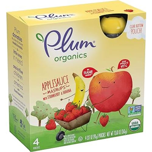 Plum Organics Applesauce, Strawberry & Banana, 3.17 Oz, 4 Ct