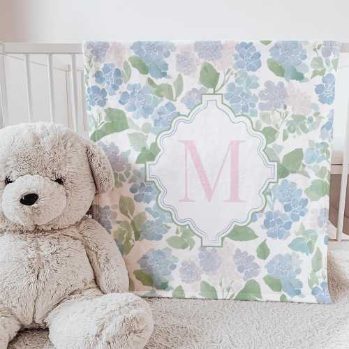 Monogram Baby Girl Blanket, Personalized Floral Baby Swaddle, Custom Initial Minky , Hydrangea Flowers, Pink Blue Green