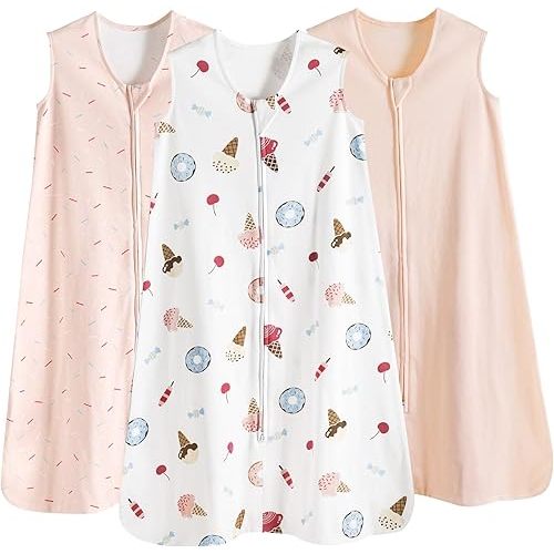 PHF Soft Baby Sleep Sack 6-12 Months 100% Cotton Wearable Blanket, 2-Way Zipper 0.5 TOG Toddler Sleeping Sack 3 Pack, Comfy Sleep Bag for Baby Boys Girls, Ice Cream (Medium)