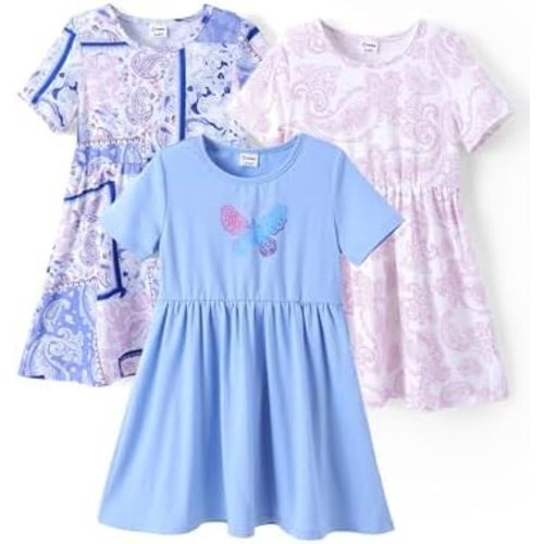 PATPAT Toddler Girl Floral Skater Multipack Dresses 3-Pack Polka Dots Short Sleeve Priness A-line Dress