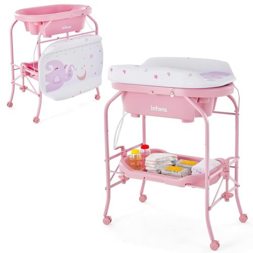 INFANS 2 in 1 Baby Changing Table with Bath Tub Unit, Folding Diaper Dresser Station with Wheels Waterproof Pad Storage Rack, Portable Nursery Organizer Stand for Newborn Infant