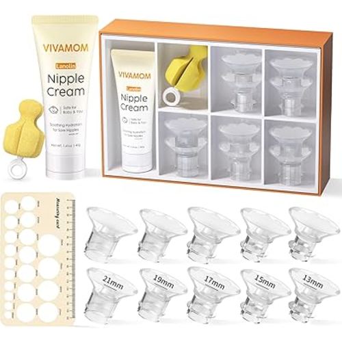 Flange Sizing Kit with Flange Inserts 10PCS & Lanolin Nipple Cream & Nipple Ruler, Silicone Breast Pump Flange Insert for Comfortable Pumping, 13/15/17/19/21mm for 24mm Pumps, Breastfeeding Essential