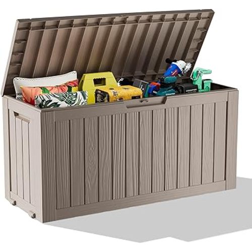 75 Gallon Resin Deck Box, Lockable Patio Outdoor Storage Box for Furniture, Garden Tools and Tools Storage, Waterproof Outside Storage Boxes - Grey