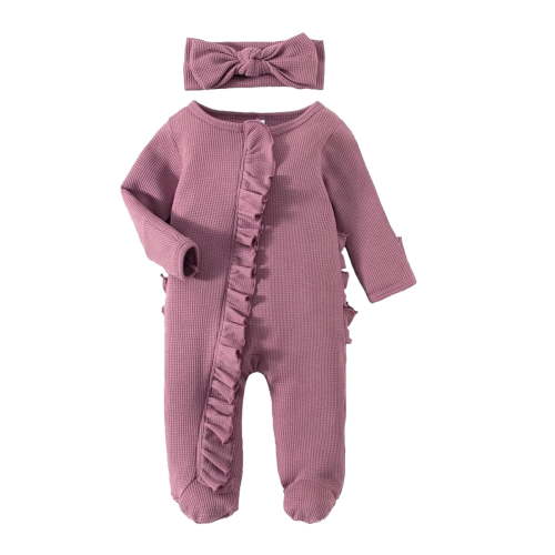 Bellafa Newborn Fall Winter Clothes Baby Girl Long Sleeve Romper Zipper Onesie Footies Jumpsuit + Headband 2Pcs Coming Home Outfit