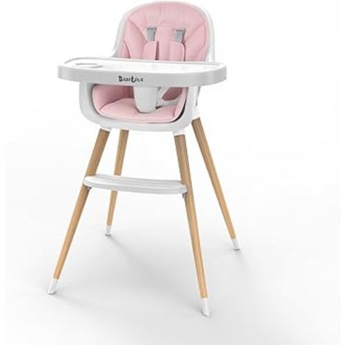 Baby High Chair, Wooden Highchair with Removable Tray, Adjustable Legs, Cushion, 5-Point Harness and Footrest for Infants, Baby, Toddlers, Pink