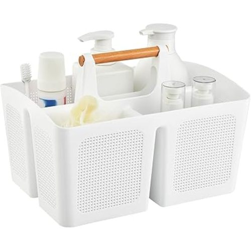 HAUNDRY Portable Shower Caddy Basket with Compartments, Plastic Divided Cleaning Caddy Organizer Storage Tote with Handle for Bathroom, College, Dorm Room Essentials, White