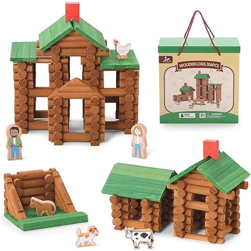 SainSmart Jr. 306 PCS Wooden Log Cabin Set with Storage Box Building House Toy for Toddlers, Classical STEM Construction Kit Compatible with Lincoln Logs, Ideal Gift for 3+ Boys & Girls