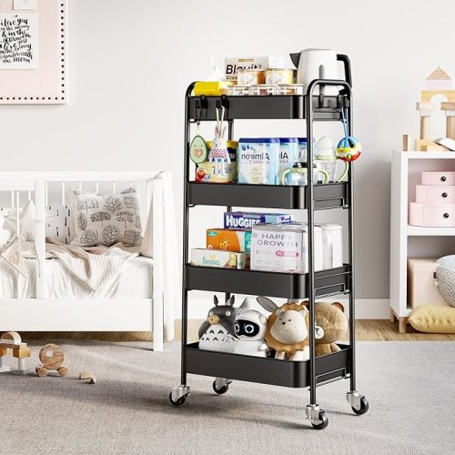 TOOLF 4-Tier Metal Rolling Cart with Wheels, Storage Utility Organizer Cart for Kitchen, Bathroom, Office, Baby Essentials & Makeup - Lockable Casters, Easy Assembly, Large Capacity, Black