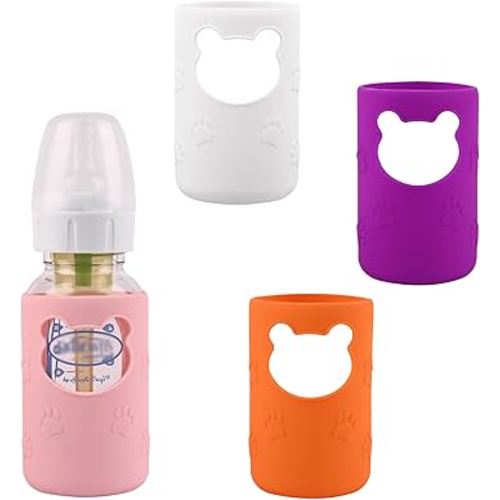 4 Pack Silicone Sleeves for Dr Brown's Glass Baby Bottles, Anti Breakage Baby Bottle Holder, Compatible Dr. Brown's Natural Narrow Glass Baby Bottles 4 oz, BPA Free (White+Pink+Purple+Orange)