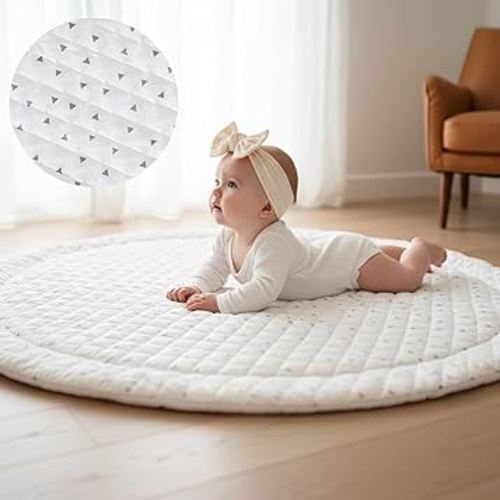 Poppyseed Play Baby Mat for Floor, Tummy Time & Crawling, Machine Washable Activity Mat, 43" Round, Reversible, Cushioned, Non-Toxic, Neutral Nursery & Playroom, Newborn to Toddler, Baby Shower Gift
