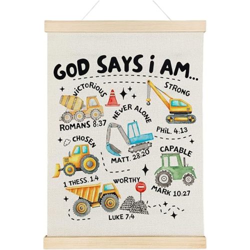 Nrleey God Says I Am Christian Wall Decor with Wooden Poster Hanger - Construction Room Decor for Boys, Construction Bible Verse Wall Art Posters for Little Boys Room Playroom Nursery, 12x16 Inch
