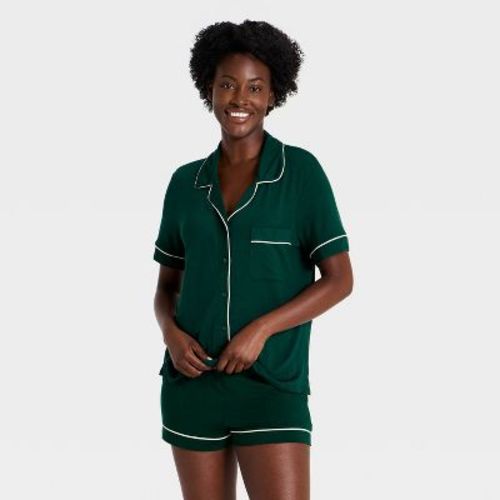 Women's Cloud Knit Notch Collar Short Sleeve Shirt and Shorts Pajama Set - Auden™ Light Green S